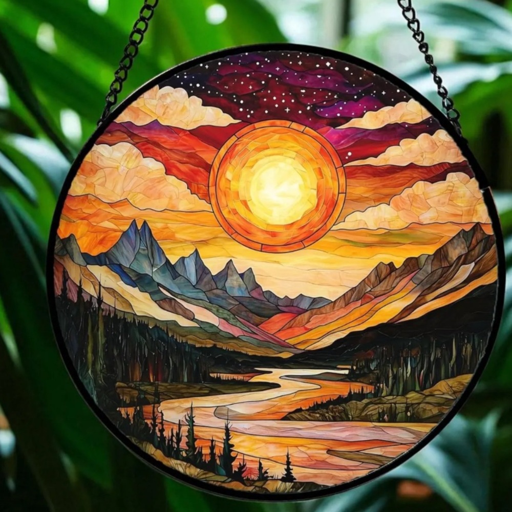 Sunset Mountain Glass Suncatcher: Nature Window Hanging Art 12X12